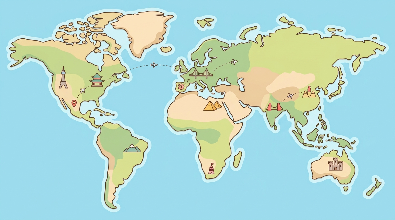 A colorful world map decorated with small landmark icons and airplane trail lines connecting countries